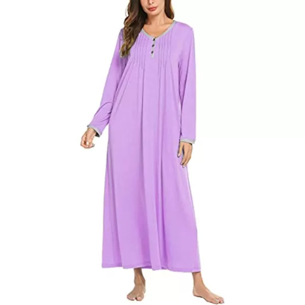 Ekouaer Womens Long Sleeve Nightgown Long Sleepshirts Henley Sleep Dress Full Length Sleepwear S4XLAapurple