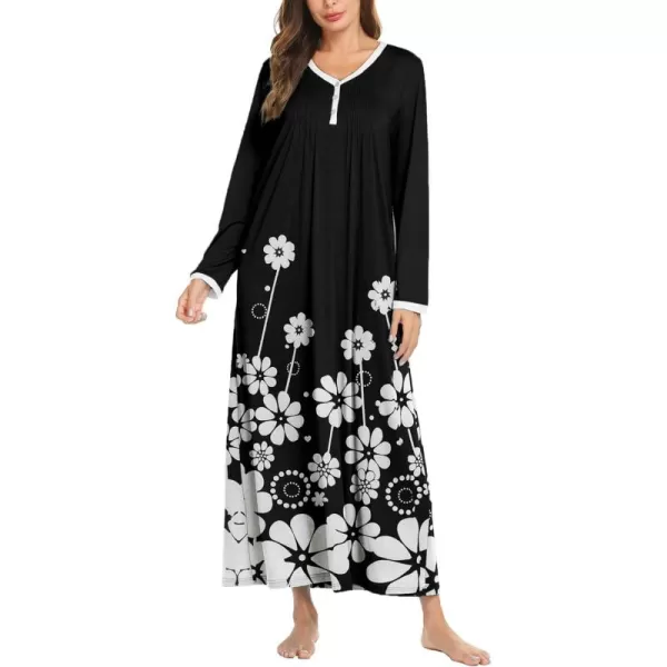 Ekouaer Womens Long Sleeve Nightgown Long Sleepshirts Henley Sleep Dress Full Length Sleepwear S4XLBablackwhite Flowers