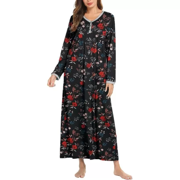 Ekouaer Womens Long Sleeve Nightgown Long Sleepshirts Henley Sleep Dress Full Length Sleepwear S4XLBbblackfloral Print