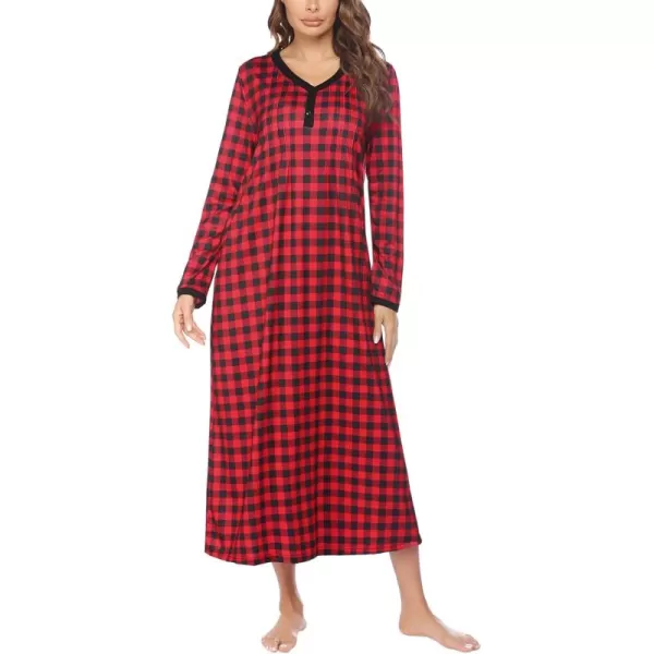 Ekouaer Womens Long Sleeve Nightgown Long Sleepshirts Henley Sleep Dress Full Length Sleepwear S4XLBbredblack Grid