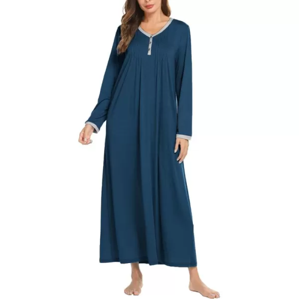 Ekouaer Womens Long Sleeve Nightgown Long Sleepshirts Henley Sleep Dress Full Length Sleepwear S4XLDeep Blue