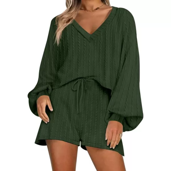 Ekouaer Womens LongSleeve Pajama Set Ribbed Loose Casual Lounge SetArmy Green