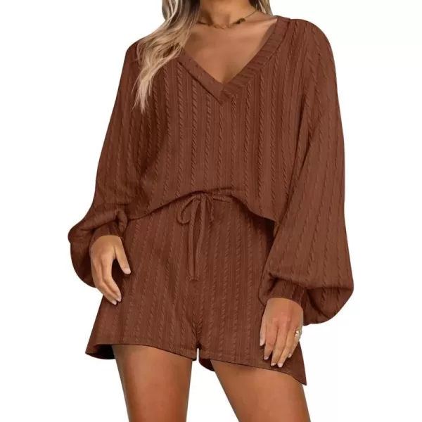 Ekouaer Womens LongSleeve Pajama Set Ribbed Loose Casual Lounge SetBrown