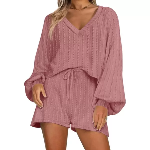 Ekouaer Womens LongSleeve Pajama Set Ribbed Loose Casual Lounge SetDark Pink