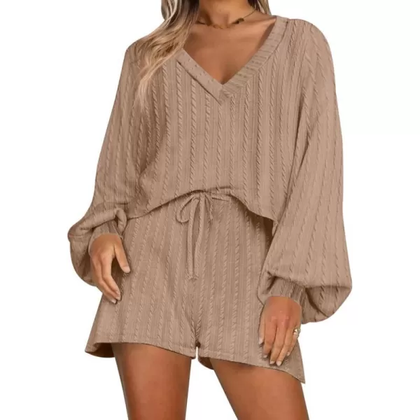 Ekouaer Womens LongSleeve Pajama Set Ribbed Loose Casual Lounge SetKhaki