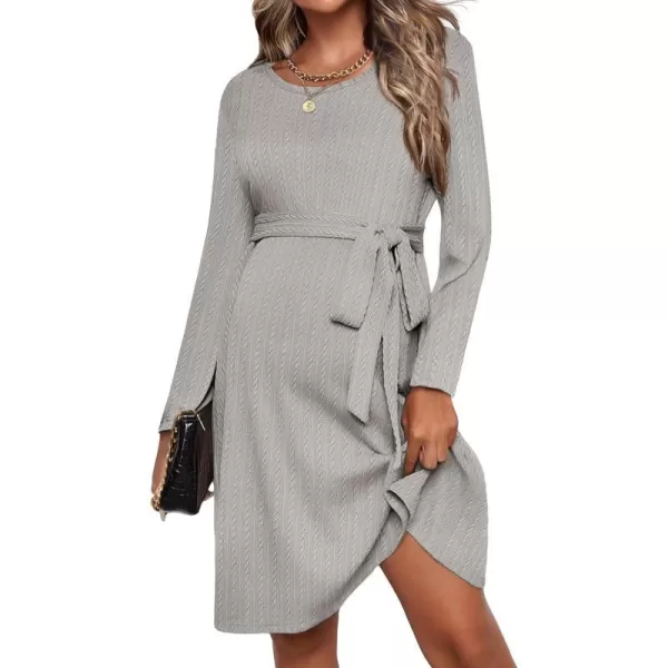 Ekouaer Womens Maternity Dress Rib Knit Long Sleeve Casual Pregnancy Dresses Crewneck Pregnancy Clothes with BeltLight Grey