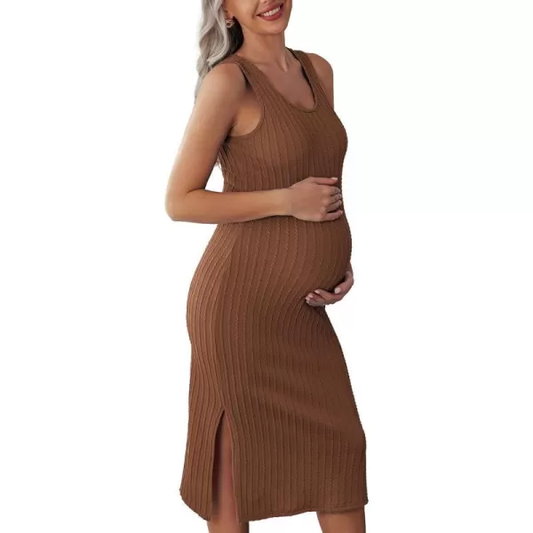 Ekouaer Womens Maternity Dress Rib Knit Sleeveless Tank Side Slit Bodycon Dresses Pregnancy Clothes SXXLBrown