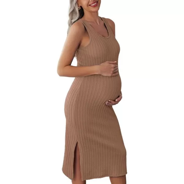 Ekouaer Womens Maternity Dress Rib Knit Sleeveless Tank Side Slit Bodycon Dresses Pregnancy Clothes SXXLKhaki