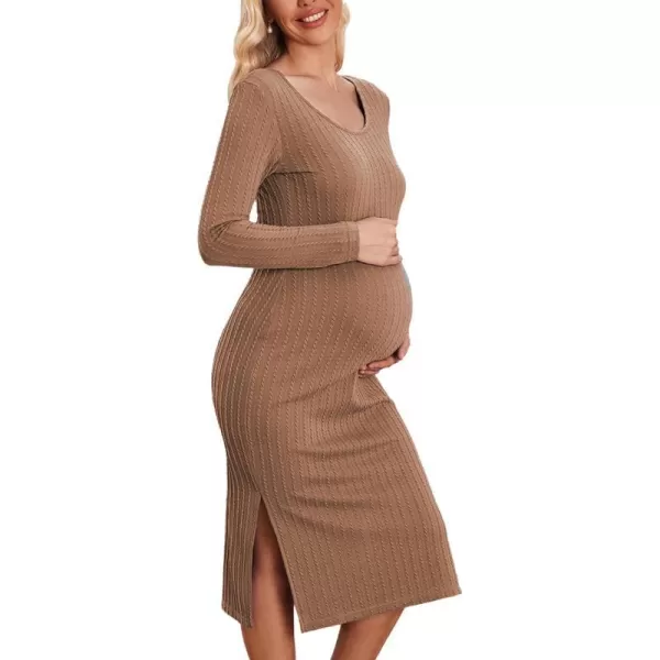 Ekouaer Womens Maternity Dress Rib Knit Sleeveless Tank Side Slit Bodycon Dresses Pregnancy Clothes SXXLZ Long Sleeve Khaki