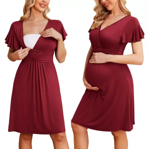 Ekouaer Womens Maternity Dress Short Sleeve VNeck Nursing Dresses Pregnancy Clothes SXXLWine Red