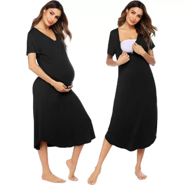 Ekouaer Womens Maternity Nightgown for Hospital Pregnancy Long Nightgowns Nursing Night Gown for BreastfeedingAclassical Black