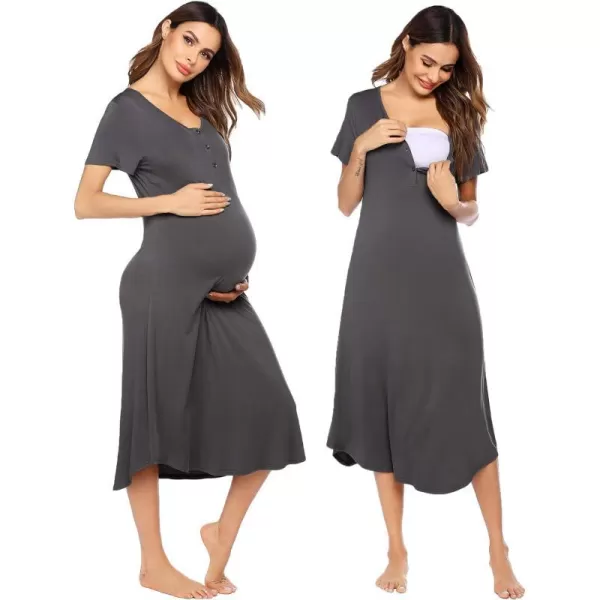 Ekouaer Womens Maternity Nightgown for Hospital Pregnancy Long Nightgowns Nursing Night Gown for BreastfeedingDark Grey