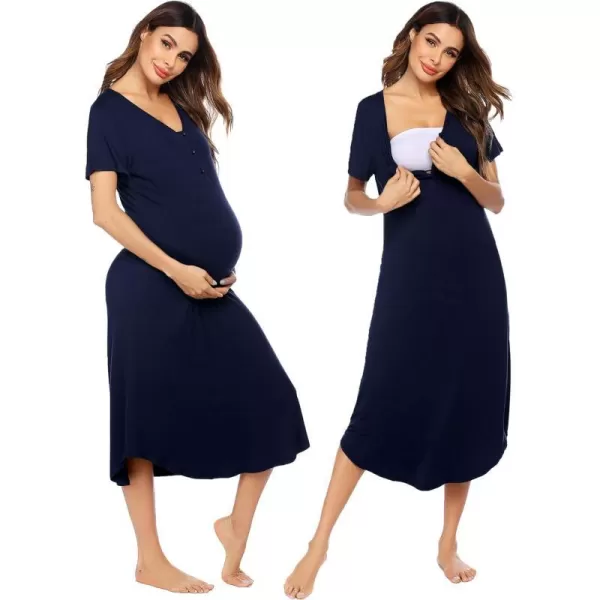 Ekouaer Womens Maternity Nightgown for Hospital Pregnancy Long Nightgowns Nursing Night Gown for BreastfeedingNavy Blue