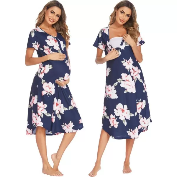 Ekouaer Womens Maternity Nightgown for Hospital Pregnancy Long Nightgowns Nursing Night Gown for BreastfeedingNavy Flower