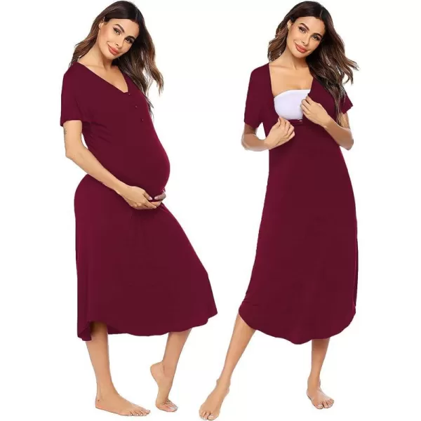 Ekouaer Womens Maternity Nightgown for Hospital Pregnancy Long Nightgowns Nursing Night Gown for BreastfeedingWine Red