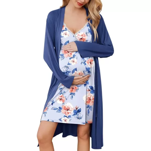 Ekouaer Womens Maternity Nursing Gown and Robe Set Labor Delivery Nuring Nightgowns for Hospital Breastfeeding RobesBlue Flower