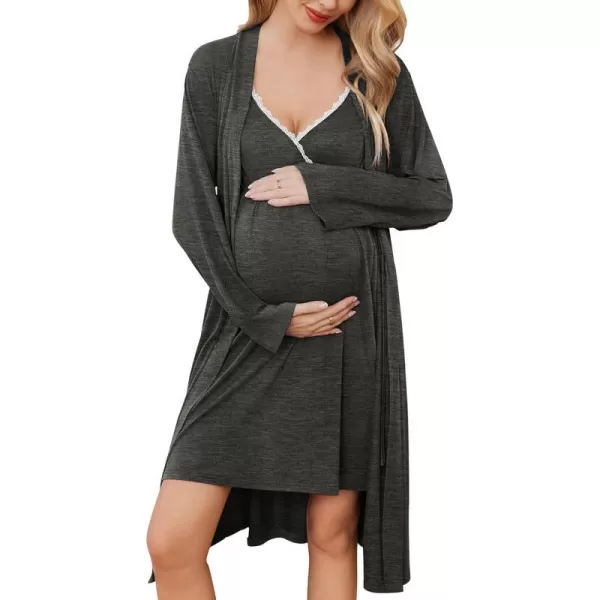 Ekouaer Womens Maternity Nursing Gown and Robe Set Labor Delivery Nuring Nightgowns for Hospital Breastfeeding RobesDark Grey