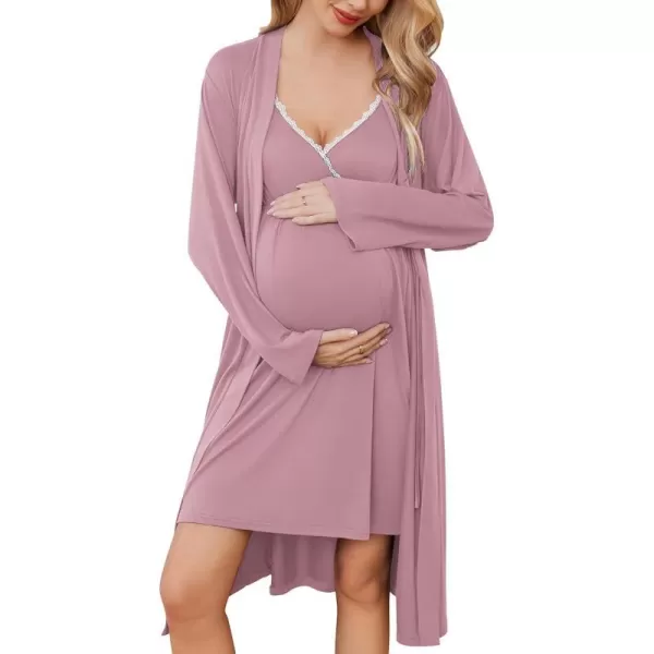 Ekouaer Womens Maternity Nursing Gown and Robe Set Labor Delivery Nuring Nightgowns for Hospital Breastfeeding RobesMisty Rose