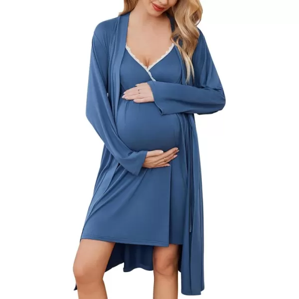 Ekouaer Womens Maternity Nursing Gown and Robe Set Labor Delivery Nuring Nightgowns for Hospital Breastfeeding RobesNavy Blue