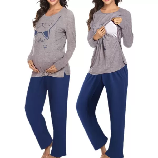 Ekouaer Womens Maternity Nursing Pajama Set Long Sleeves Breastfeeding Sleepwear Comfy Hospital Pregnancy Pjs SetGrey Cat