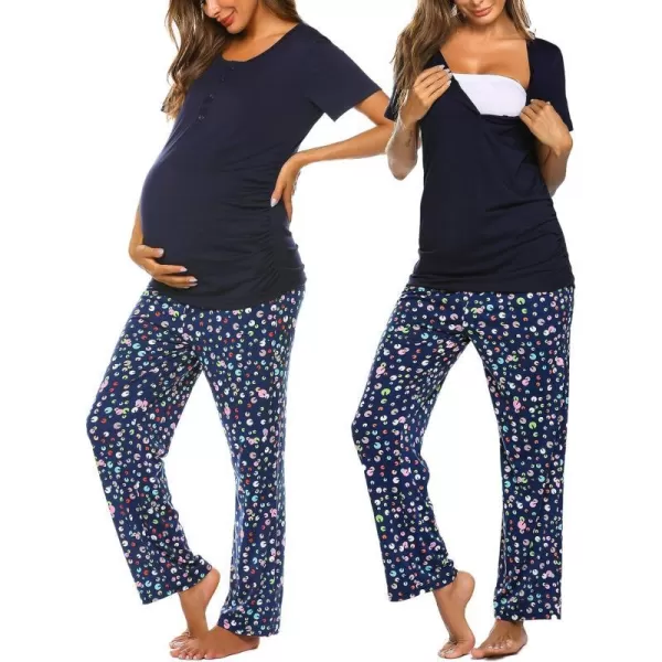 Ekouaer Womens Maternity Nursing Pajamas Sets Breastfeeding Printed Sleepwear Short Sleeve 2 Pcs Henley Top and Pants SetAnavy Blue Printed