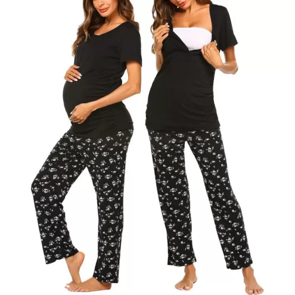 Ekouaer Womens Maternity Nursing Pajamas Sets Breastfeeding Printed Sleepwear Short Sleeve 2 Pcs Henley Top and Pants SetBlack Flowers Printed