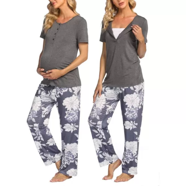 Ekouaer Womens Maternity Nursing Pajamas Sets Breastfeeding Printed Sleepwear Short Sleeve 2 Pcs Henley Top and Pants SetGrey Flowers Printed