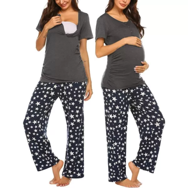 Ekouaer Womens Maternity Nursing Pajamas Sets Breastfeeding Printed Sleepwear Short Sleeve 2 Pcs Henley Top and Pants SetGrey Star Printed