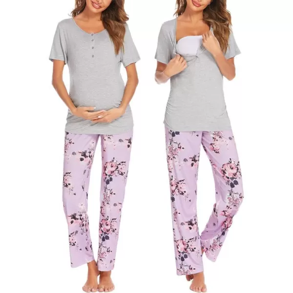 Ekouaer Womens Maternity Nursing Pajamas Sets Breastfeeding Printed Sleepwear Short Sleeve 2 Pcs Henley Top and Pants SetPink Flowears