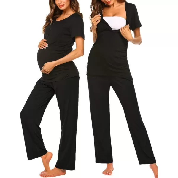 Ekouaer Womens Maternity Nursing Pajamas Sets Breastfeeding Printed Sleepwear Short Sleeve 2 Pcs Henley Top and Pants SetSolid Black