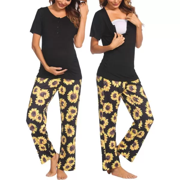 Ekouaer Womens Maternity Nursing Pajamas Sets Breastfeeding Printed Sleepwear Short Sleeve 2 Pcs Henley Top and Pants SetSunflower Printed