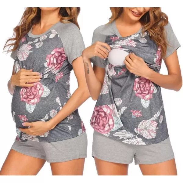 Ekouaer Womens Maternity Nursing Pajamas for Hospital Short Raglan Sleeve Baseball Pregnancy Breastfeeding Sleepwear SetA Grey Floral