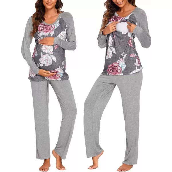 Ekouaer Womens Maternity Nursing Pajamas for Hospital Short Raglan Sleeve Baseball Pregnancy Breastfeeding Sleepwear SetBgray Floral