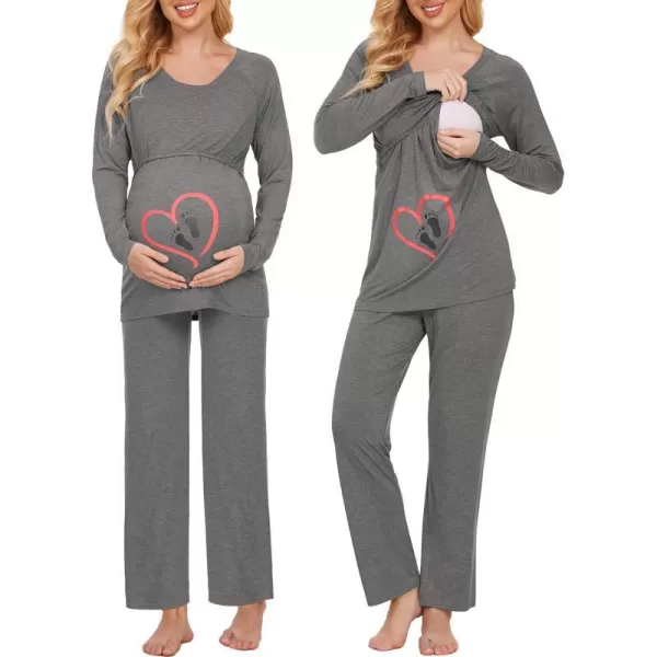 Ekouaer Womens Maternity Nursing Pajamas for Hospital Short Raglan Sleeve Baseball Pregnancy Breastfeeding Sleepwear SetBgray Foot Prints