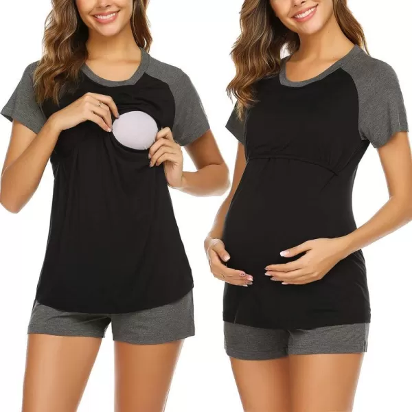 Ekouaer Womens Maternity Nursing Pajamas for Hospital Short Raglan Sleeve Baseball Pregnancy Breastfeeding Sleepwear SetBlack