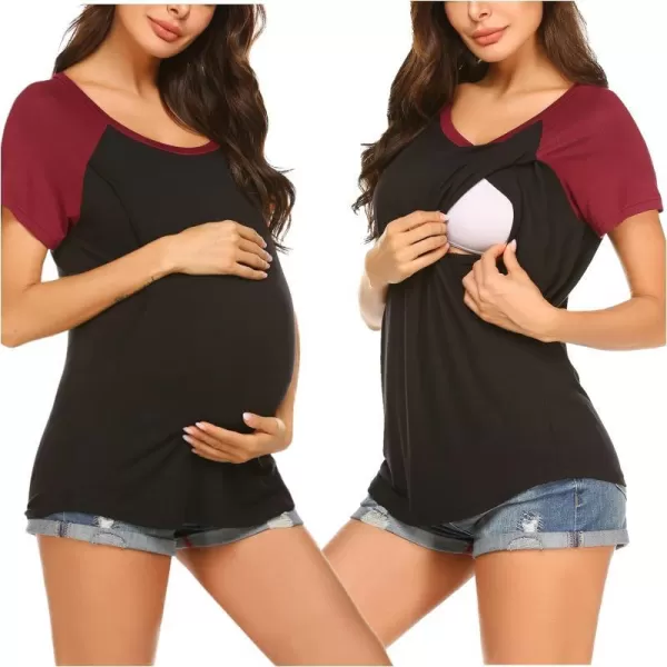 Ekouaer Womens Maternity Nursing Tops Raglan Sleeve Breastfeeding Shirts Double Layer Summer Pregnancy Tee ShirtBlack