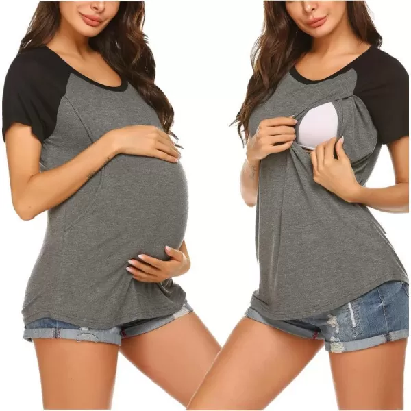 Ekouaer Womens Maternity Nursing Tops Raglan Sleeve Breastfeeding Shirts Double Layer Summer Pregnancy Tee ShirtDark Grey