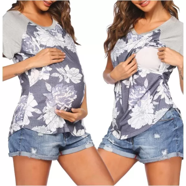 Ekouaer Womens Maternity Nursing Tops Raglan Sleeve Breastfeeding Shirts Double Layer Summer Pregnancy Tee ShirtGray Floral