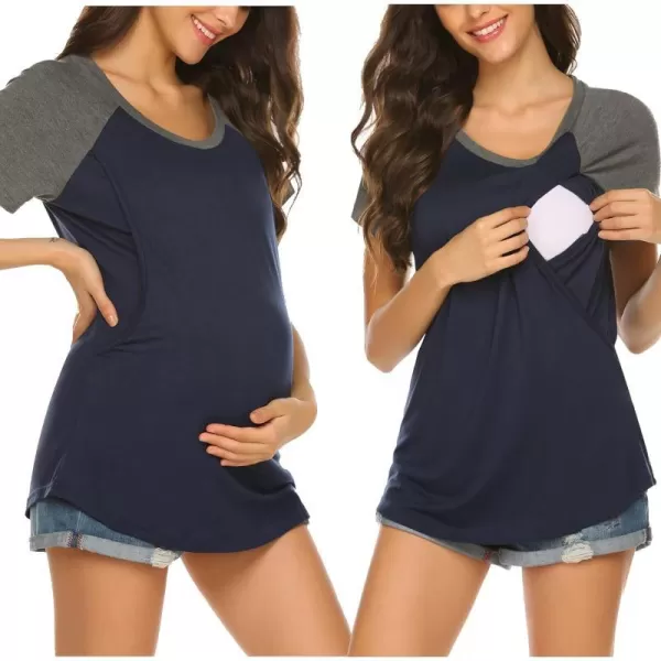 Ekouaer Womens Maternity Nursing Tops Raglan Sleeve Breastfeeding Shirts Double Layer Summer Pregnancy Tee ShirtNavy Blue