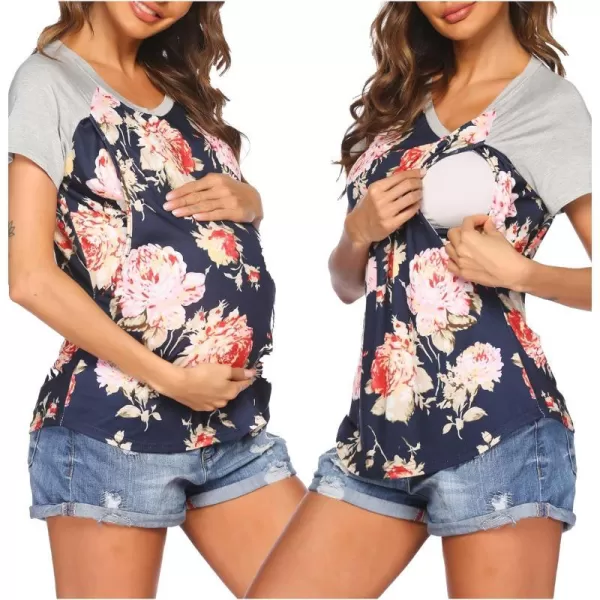 Ekouaer Womens Maternity Nursing Tops Raglan Sleeve Breastfeeding Shirts Double Layer Summer Pregnancy Tee ShirtRed Floral