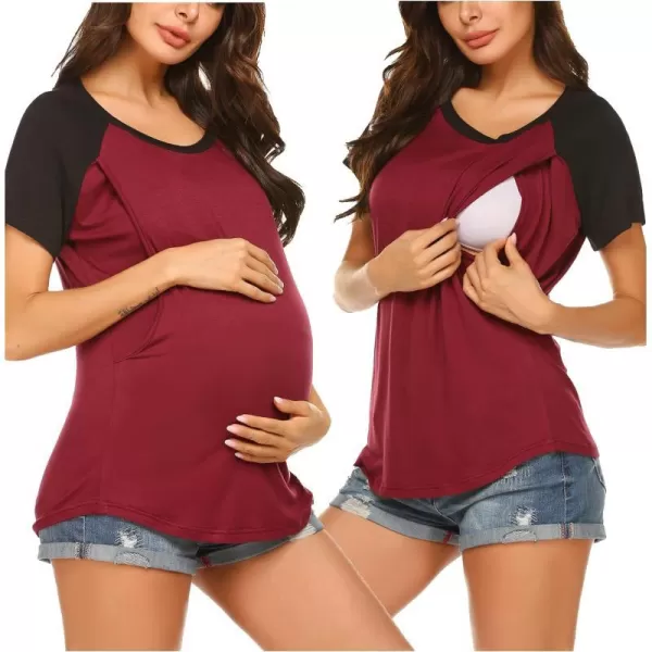 Ekouaer Womens Maternity Nursing Tops Raglan Sleeve Breastfeeding Shirts Double Layer Summer Pregnancy Tee ShirtWine Red