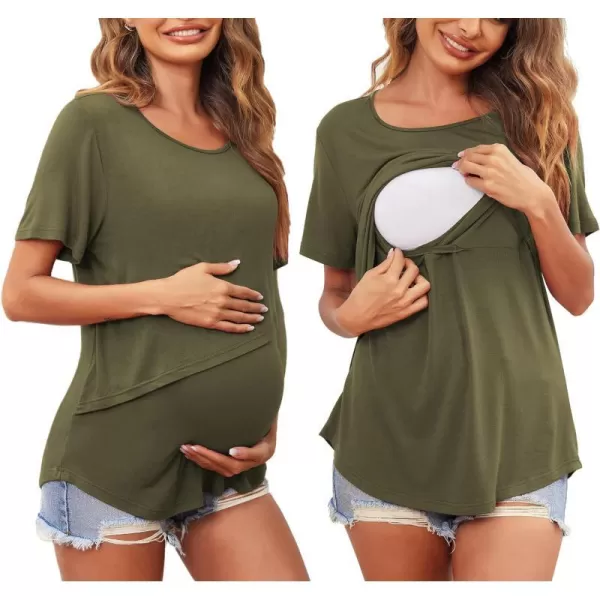 Ekouaer Womens Maternity Nursing Tops Short Sleeve Double Layer Breastfeeding Tee Shirts SXXL1pcs Army Green