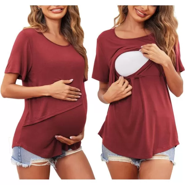 Ekouaer Womens Maternity Nursing Tops Short Sleeve Double Layer Breastfeeding Tee Shirts SXXL1pcs Wine Red