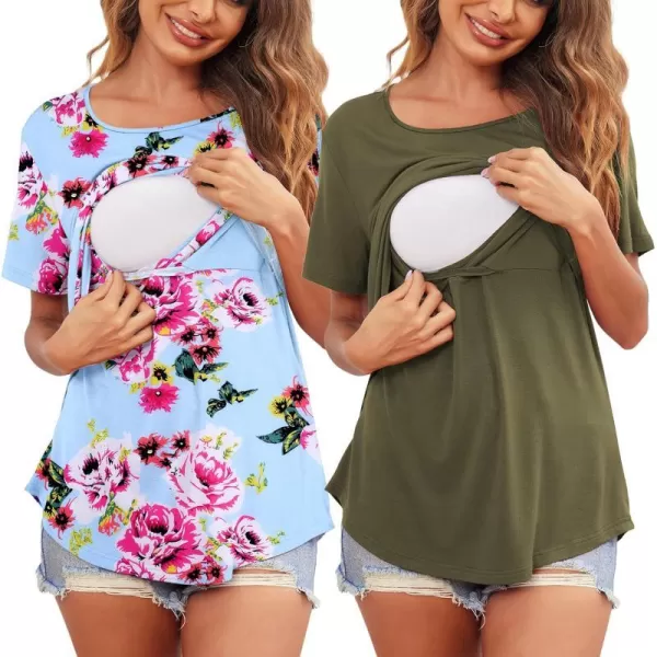 Ekouaer Womens Maternity Nursing Tops Short Sleeve Double Layer Breastfeeding Tee Shirts SXXL2pcs Army Green  Blue Floral