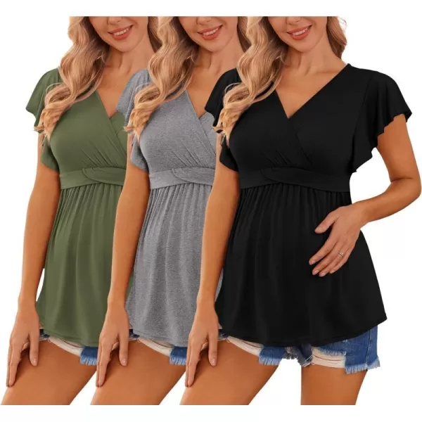 Ekouaer Womens Maternity Shirts 3 Packs Flying Short Sleeve Nursing Tops V Neck Breastfeeding Tees Pregnancy ClothesArmy Green  Grey  Black3pcs