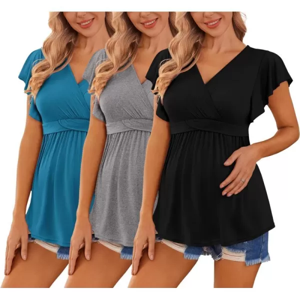 Ekouaer Womens Maternity Shirts 3 Packs Flying Short Sleeve Nursing Tops V Neck Breastfeeding Tees Pregnancy ClothesBlackgreylake Blue3pcs