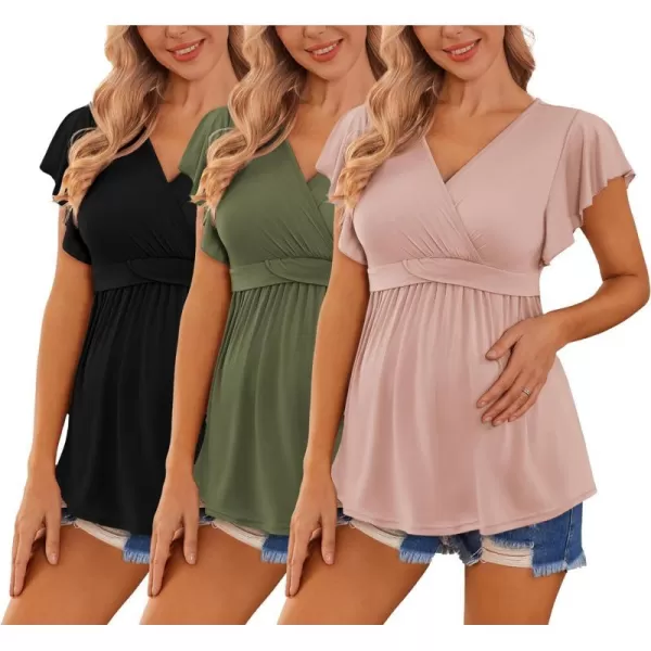 Ekouaer Womens Maternity Shirts 3 Packs Flying Short Sleeve Nursing Tops V Neck Breastfeeding Tees Pregnancy ClothesBlackpinkarmy Green3pcs