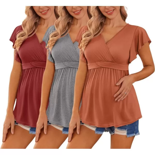 Ekouaer Womens Maternity Shirts 3 Packs Flying Short Sleeve Nursing Tops V Neck Breastfeeding Tees Pregnancy ClothesCaramelgreywine Red3pcs