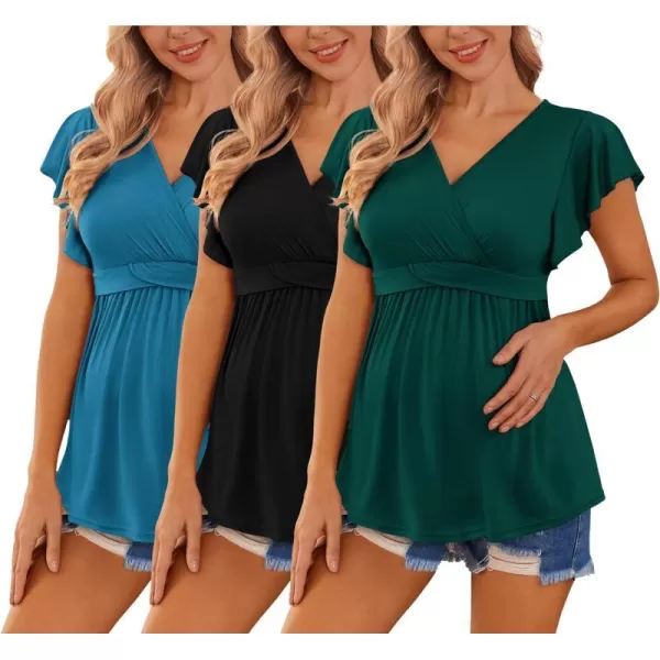 Ekouaer Womens Maternity Shirts 3 Packs Flying Short Sleeve Nursing Tops V Neck Breastfeeding Tees Pregnancy ClothesLake Greenblacklake Blue3pcs