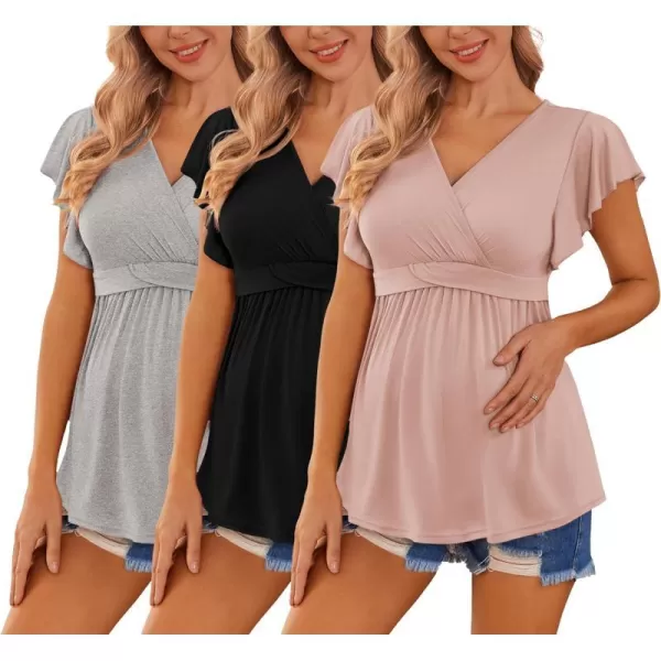 Ekouaer Womens Maternity Shirts 3 Packs Flying Short Sleeve Nursing Tops V Neck Breastfeeding Tees Pregnancy ClothesLight Grey  Black  Pink3pcs